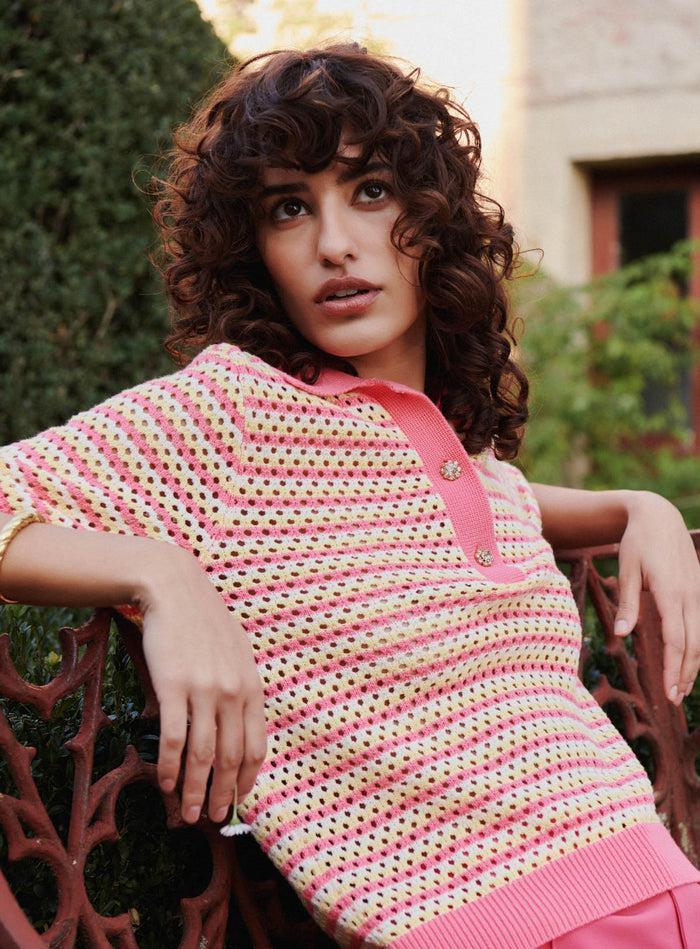 Petite Mendigote Millie - Top En Maille Ajourée Et Rayures - Rose