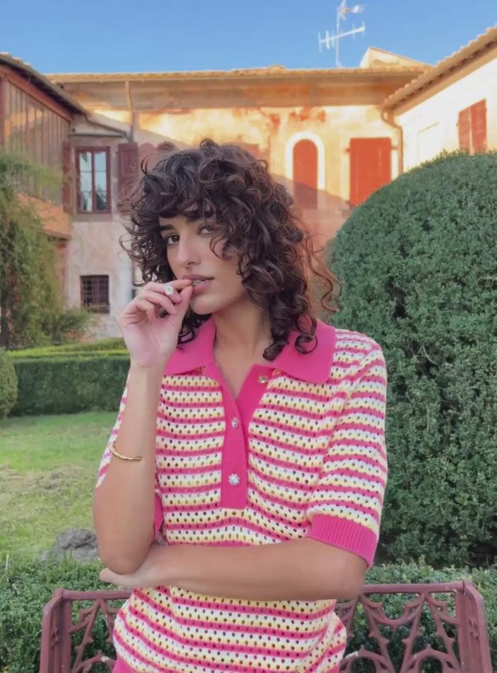 Petite Mendigote Millie - Top En Maille Ajourée Et Rayures - Rose