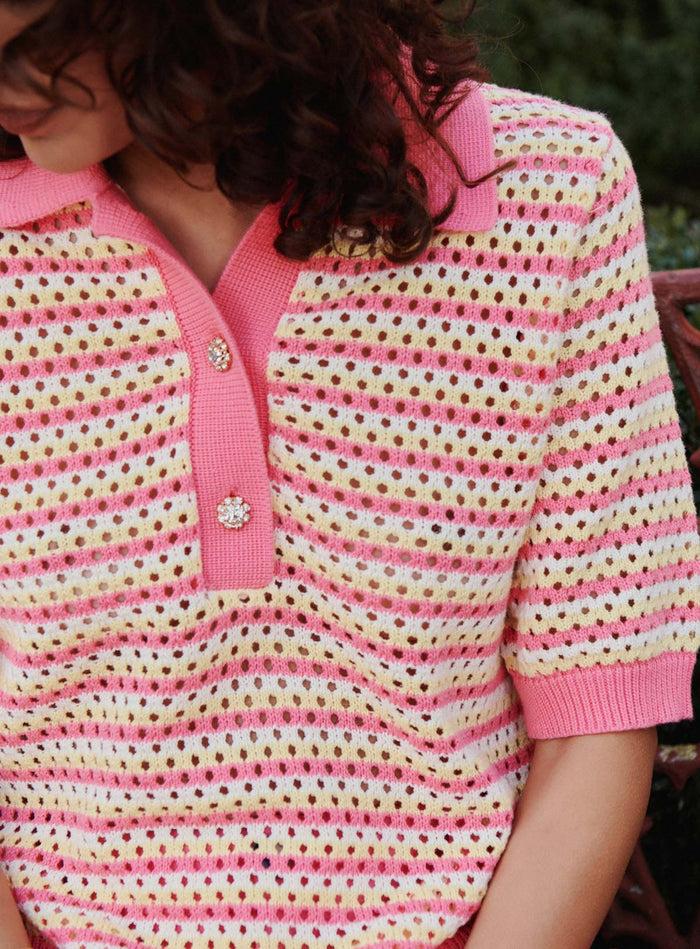 petite mendigote Millie - Top en maille ajourée et rayures - Rose