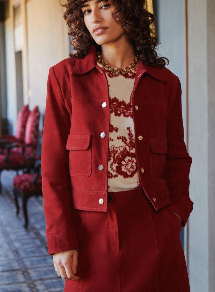 petite mendigote Orelia - Veste courte en cuir suédé rouge
