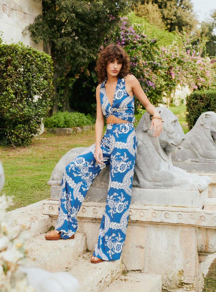 petite mendigote Pauline - Pantalon fluide imprimé bleu