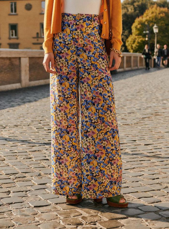 petite mendigote Pauline - Pantalon fluide imprimé fleuri jaune