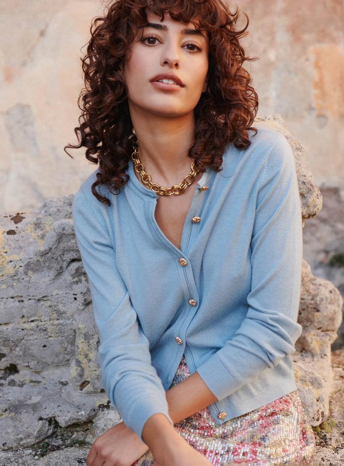 petite mendigote Myriam - Gilet cour à col rond - Bleu