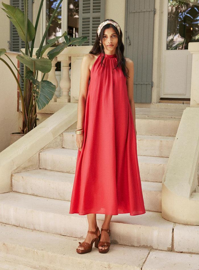 petite mendigote Riyu - Robe midi unie colorée - rose