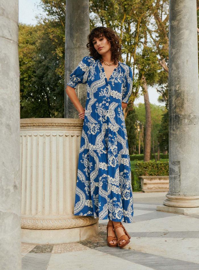 petite mendigote Romy - Robe midi à imprimé - bleu