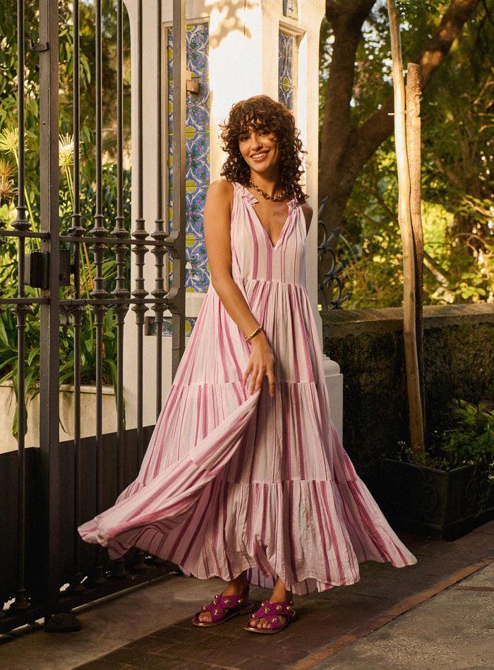 petite mendigote Rosine - Robe longue à rayures - rose