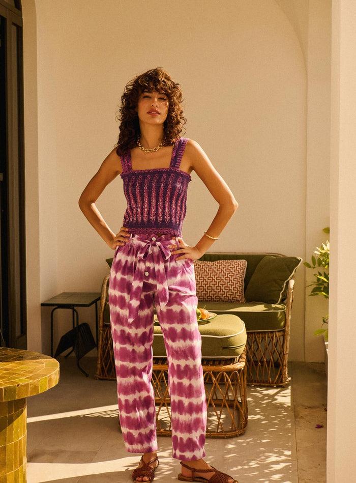 petite mendigote Pierre - Pantalon fluide taille haute - tie & dye violet