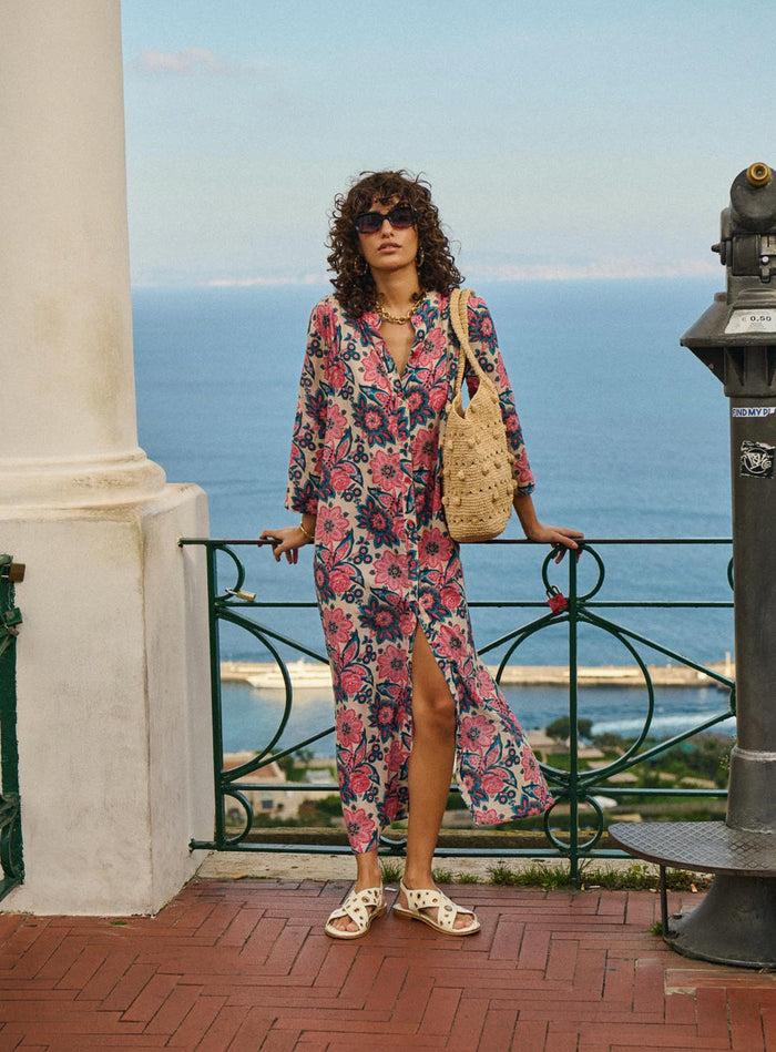 petite mendigote Ramara - Robe longue fluide à imprimé fleuri - Bleu et rose