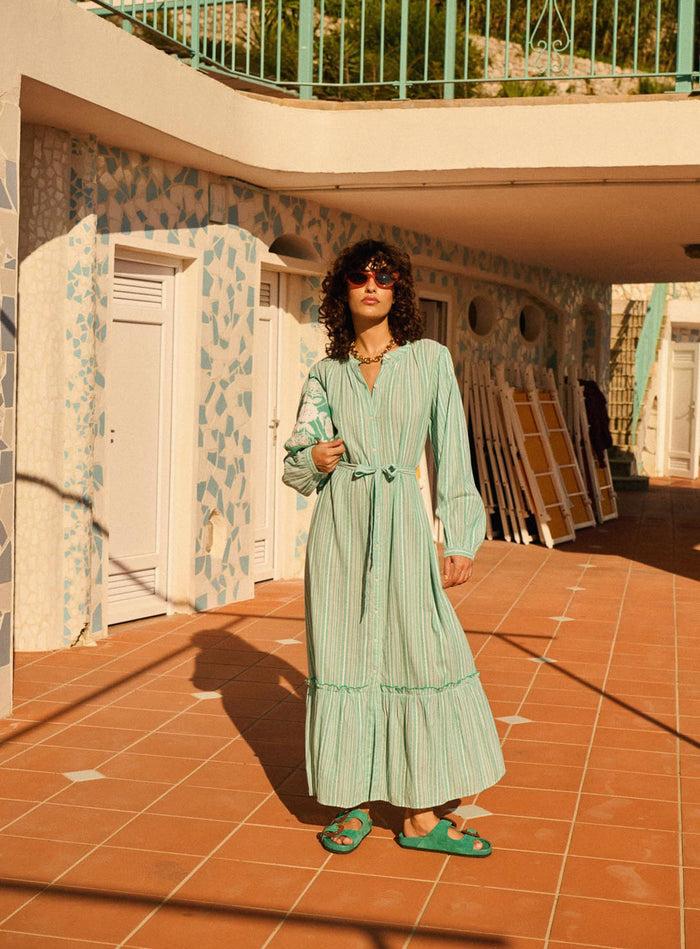 petite mendigote Ramira - Robe longue bohème à imprimé rayé - vert