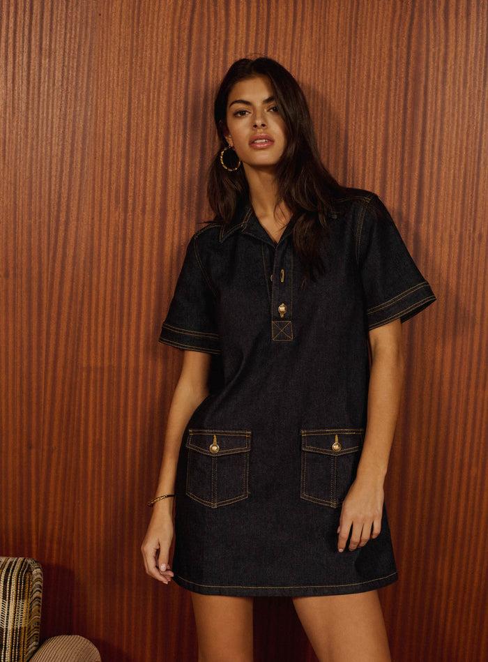 petite mendigote Regina - Robe courte en jean denim brut