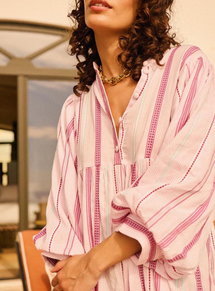 Petite Mendigote Rigo - Robe Longue à Rayures Et Manches Bouffantes - Rose