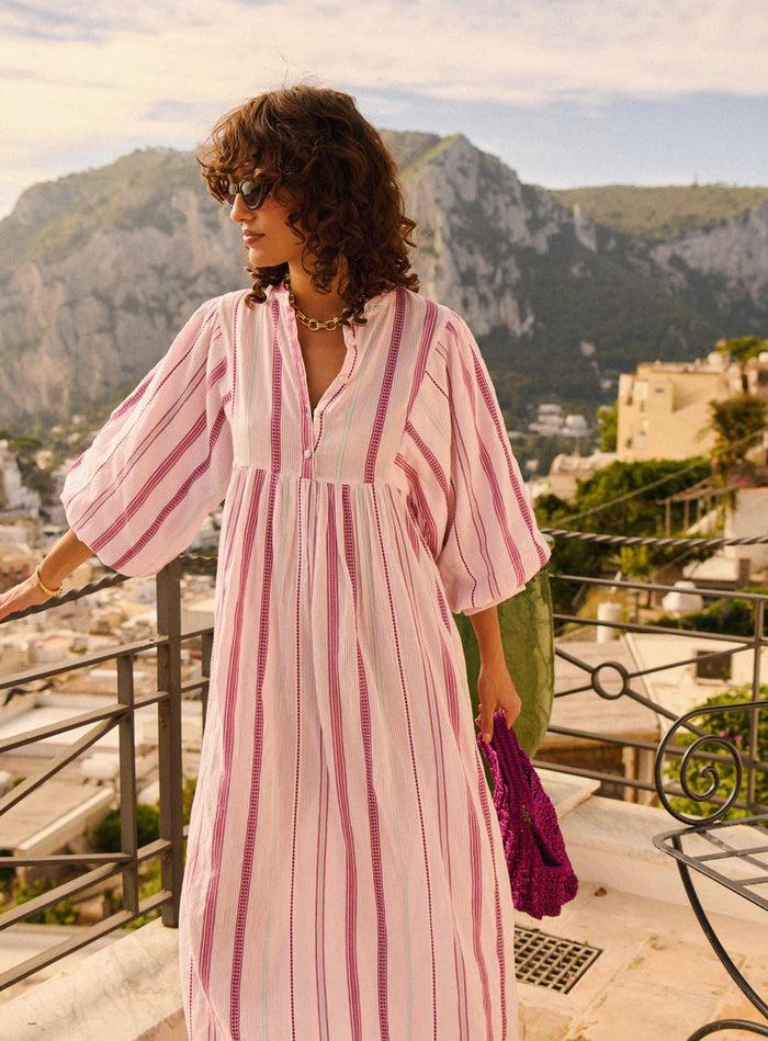 Petite Mendigote Rigo - Robe Longue à Rayures Et Manches Bouffantes - Rose