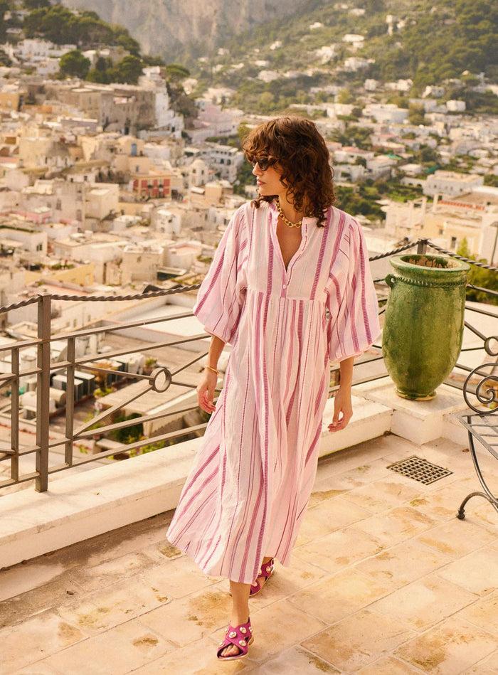 petite mendigote Rigo - Robe longue à rayures et manches bouffantes - rose