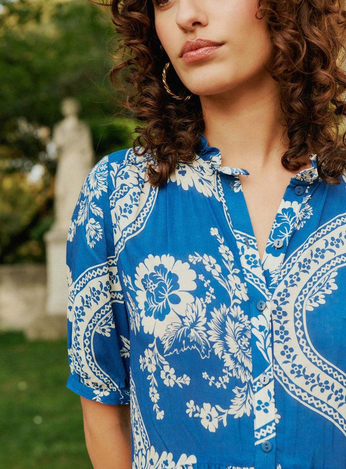 Petite Mendigote Robine - Robe Courte Fluide à Manches Ballon - Bleu
