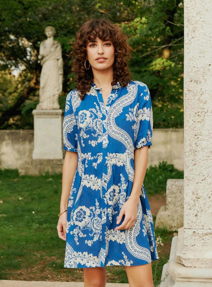 Petite Mendigote Robine - Robe Courte Fluide à Manches Ballon - Bleu