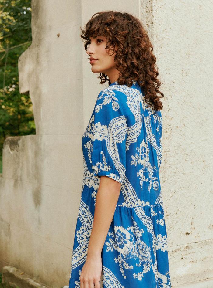 Petite Mendigote Robine - Robe Courte Fluide à Manches Ballon - Bleu