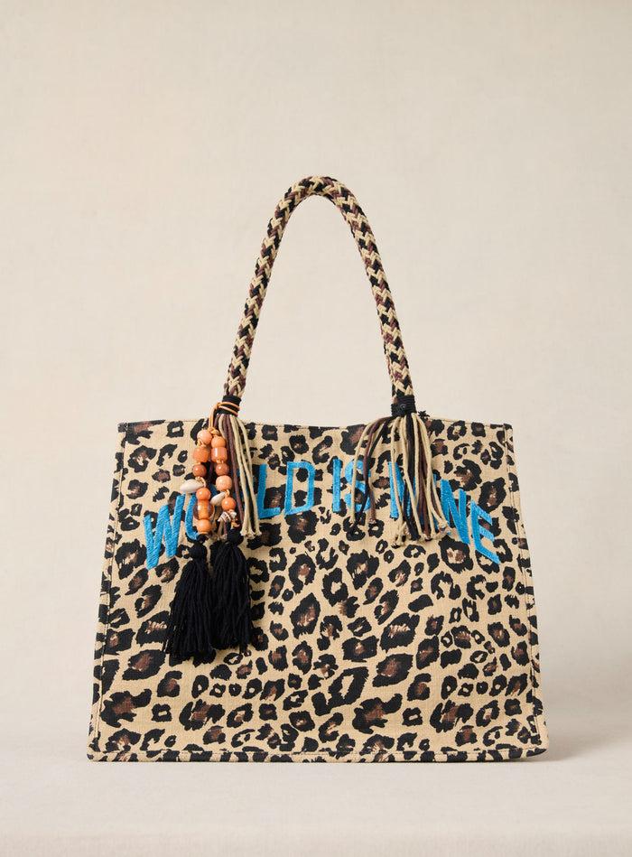 petite mendigote Sai - Grand sac cabas en tissu et à imprimé léopard