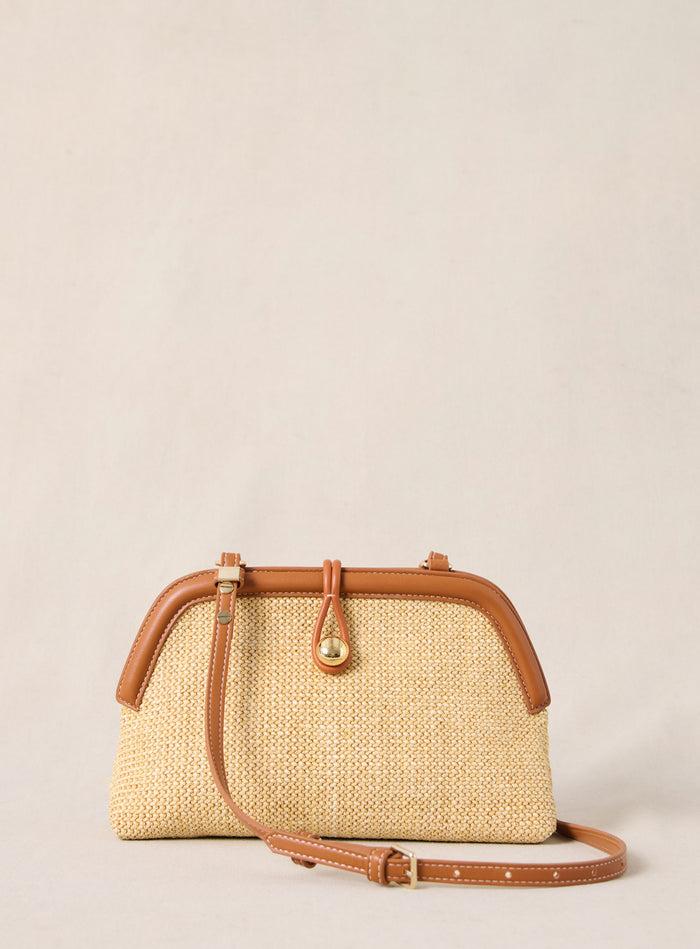 petite mendigote Summer - Pochette en cuir et raphia - camel