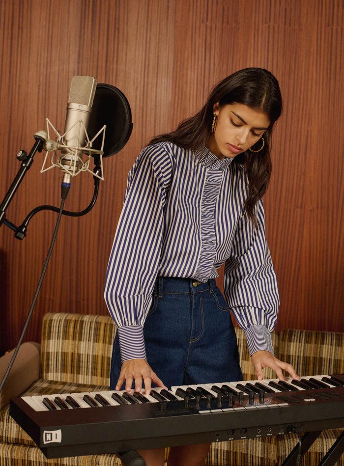 petite mendigote Talcy - Chemise victorienne à rayures - bleu