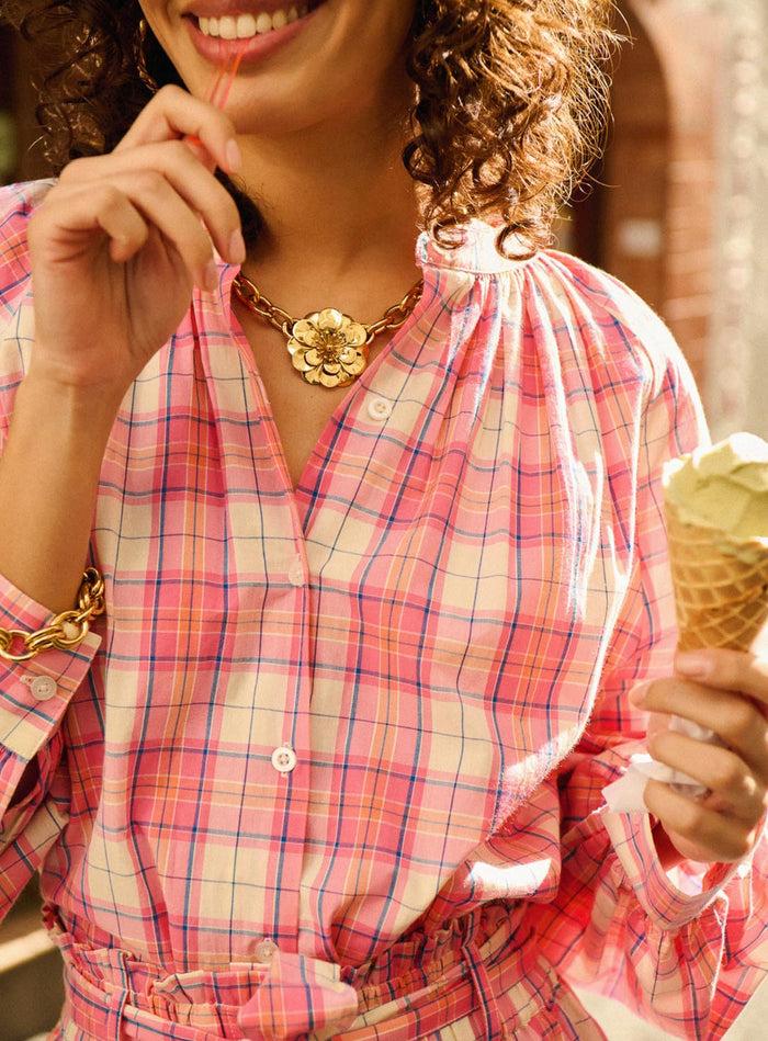 petite mendigote Téa - Blouse oversize fluide à manches longues - imprimé à carreaux rose