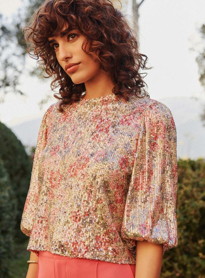 Petite Mendigote Teya - Top Sequins Et Manches Bouffantes à Imprimé Fleuri