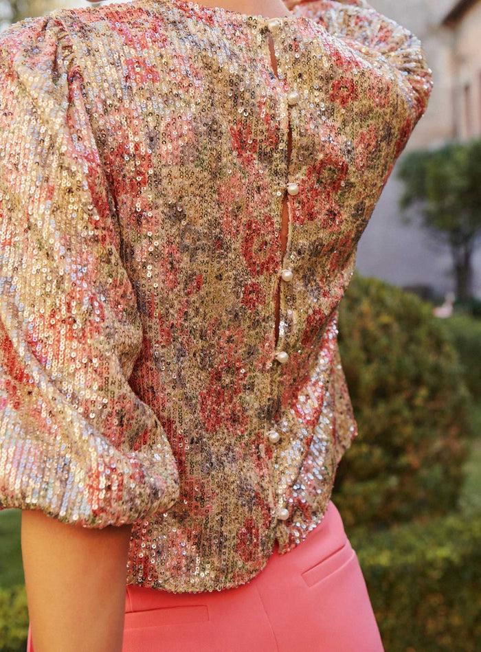 Petite Mendigote Teya - Top Sequins Et Manches Bouffantes à Imprimé Fleuri