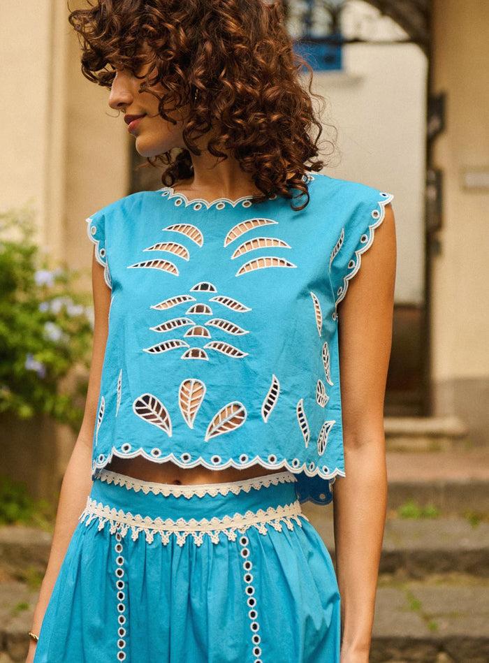 Petite Mendigote Tifaine - Top Court à Détails Ajourés - Bleu