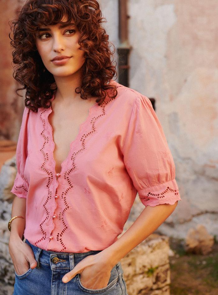 petite mendigote Tilly - Blouse ajourée avec broderies anglaises - rose