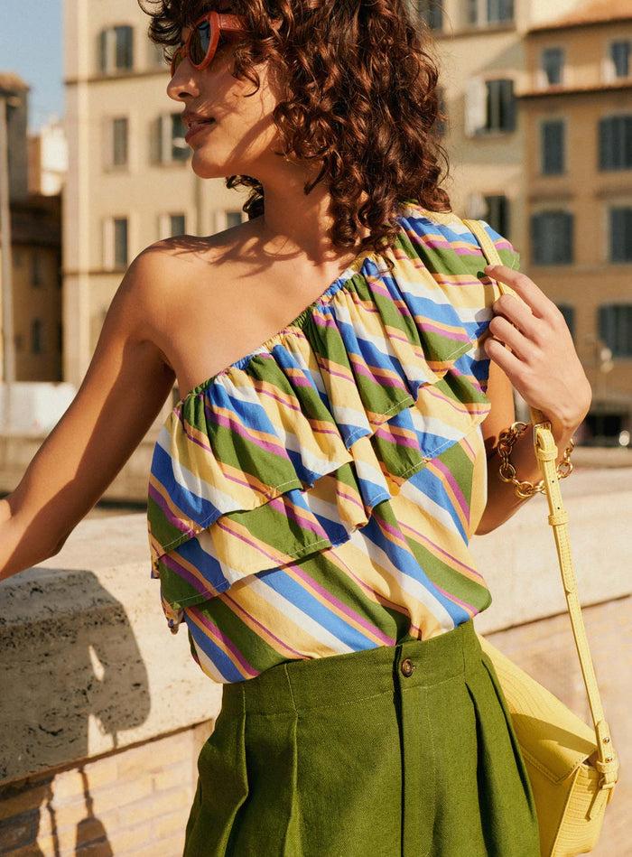 petite mendigote Timeo - Top asymétrique à rayures et volants