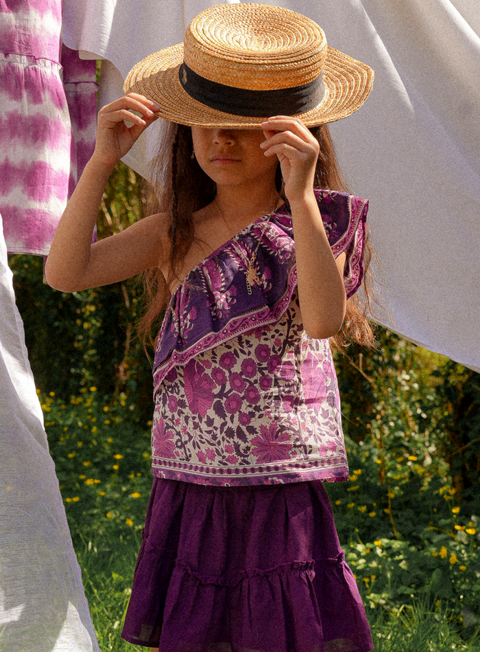 petite mendigote Timeo - Top asymétrique coloré à volants pour enfant