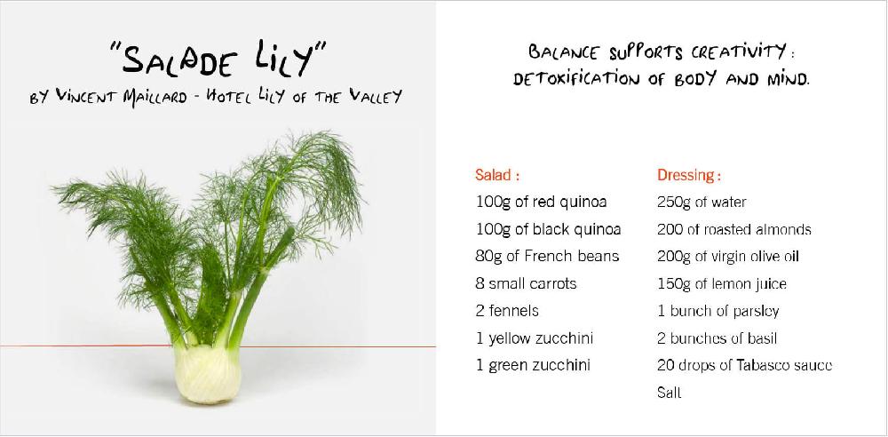 philippe starck Salade Lily par Vincent Maillard chef de l'hôtel Lily of the Valley