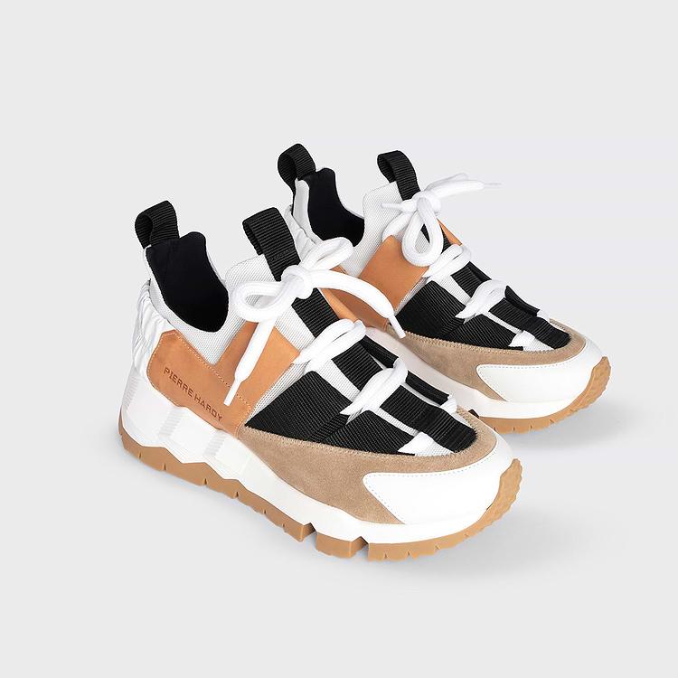 Pierre Hardy BASKETS COMET XL Toile De Nylon Blanc Et Cuir De Veau Naturel Et Sable