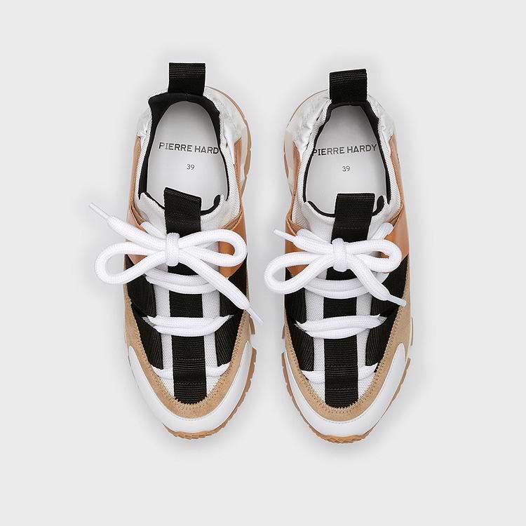 Pierre Hardy BASKETS COMET XL Toile De Nylon Blanc Et Cuir De Veau Naturel Et Sable