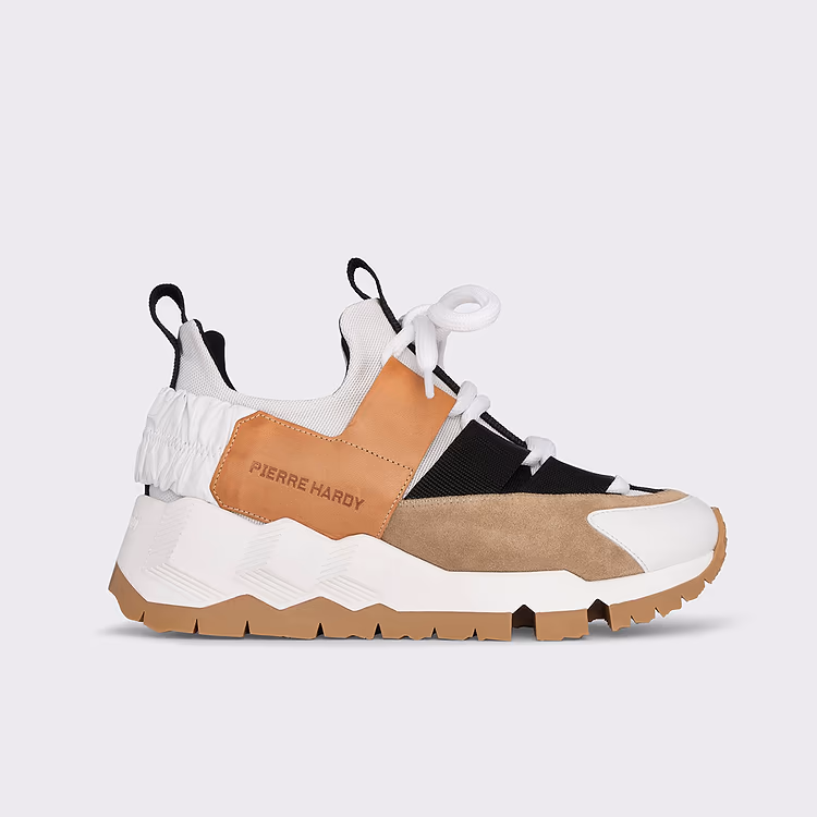 pierre hardy BASKETS COMET XL Toile de nylon blanc et cuir de veau naturel et sable