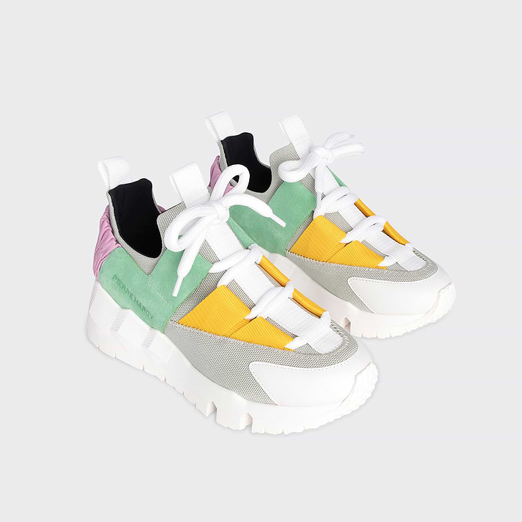 Pierre Hardy BASKETS COMET XL Toile De Nylon Gris Clair Et Cuir Rose & Vert