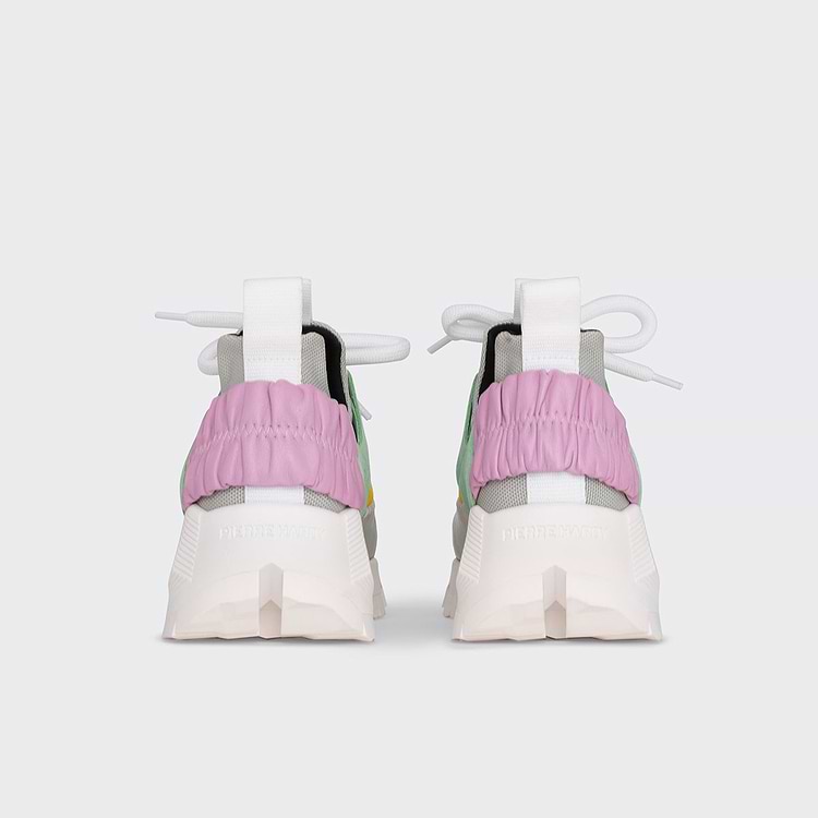 Pierre Hardy BASKETS COMET XL Toile De Nylon Gris Clair Et Cuir Rose & Vert