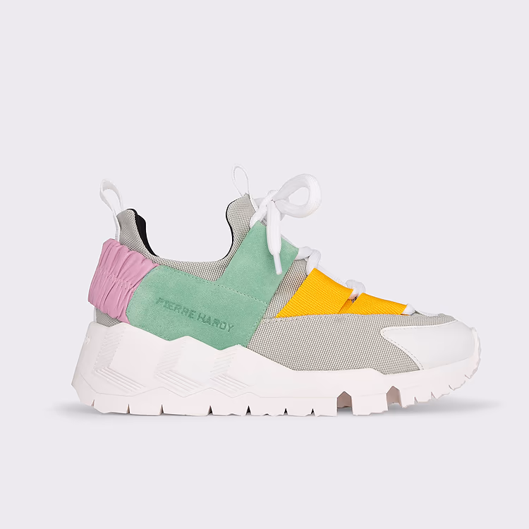 pierre hardy BASKETS COMET XL Toile de nylon gris clair et cuir rose & vert