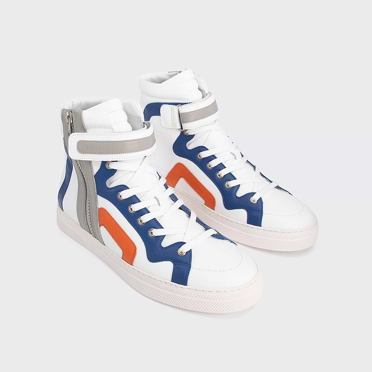 Pierre Hardy BASKETS MONTANTES 112 Cuir De Veau Blanc Bleu Orange Et Gris