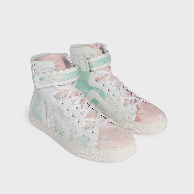 Pierre Hardy BASKETS MONTANTES 112 Cuir De Veau Blanc Et Imprimé Tie-dye Rose & Vert