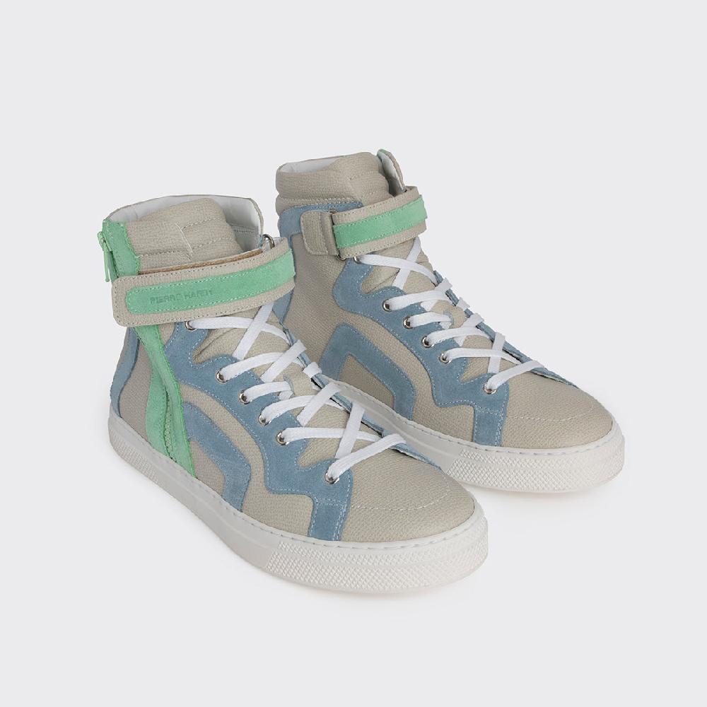Pierre Hardy BASKETS MONTANTES 112 Cuir De Veau Grainé Blanc Cassé Et Daim Bleu & Vert