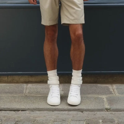 Pierre Hardy BASKETS MONTANTES 112 Cuir De Veau Grainé Blanc Cassé Et Daim Bleu & Vert