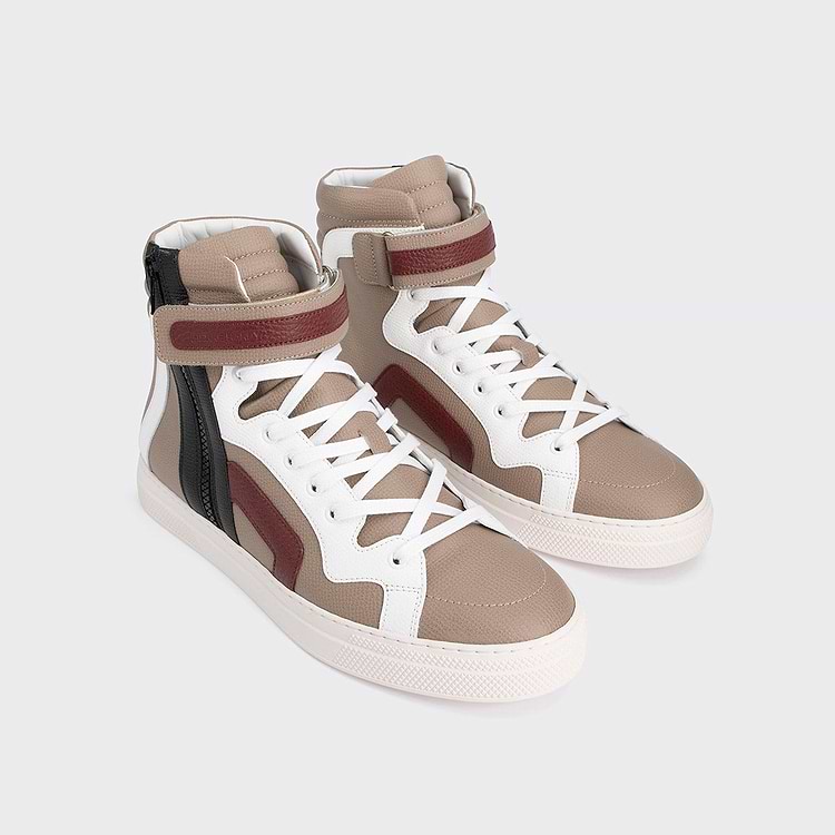 Pierre Hardy BASKETS MONTANTES 112 Cuir De Veau Taupe Blanc Noir Et Bordeaux