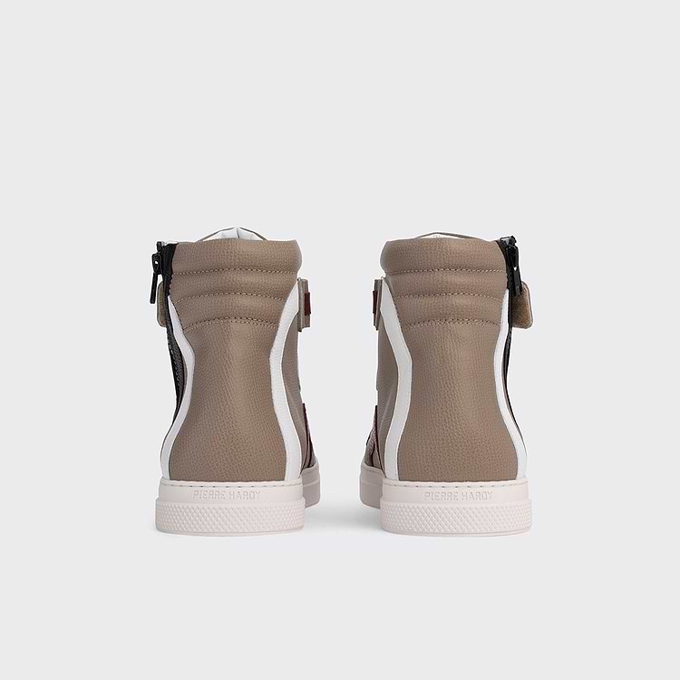Pierre Hardy BASKETS MONTANTES 112 Cuir De Veau Taupe Blanc Noir Et Bordeaux