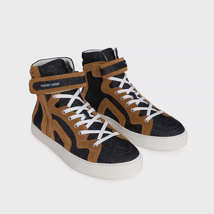 Pierre Hardy BASKETS MONTANTES 112 Toile Denim Et Daim Camel