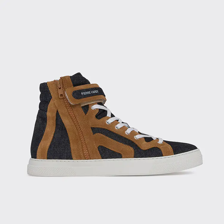 pierre hardy BASKETS MONTANTES 112 Toile denim et daim camel