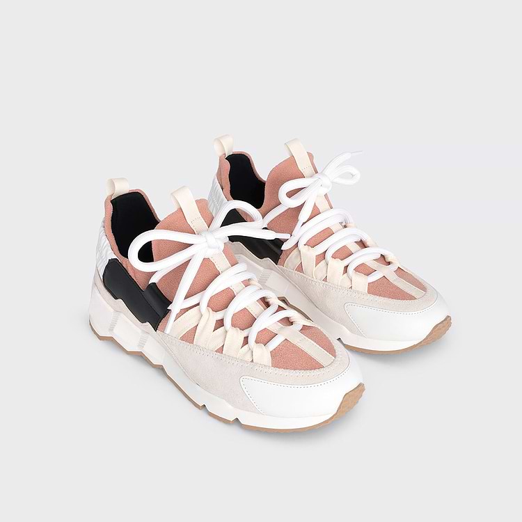 Pierre Hardy BASKETS TREK COMET Matière éponge Rose Blush Et Cuir De Veau Velours Blanc