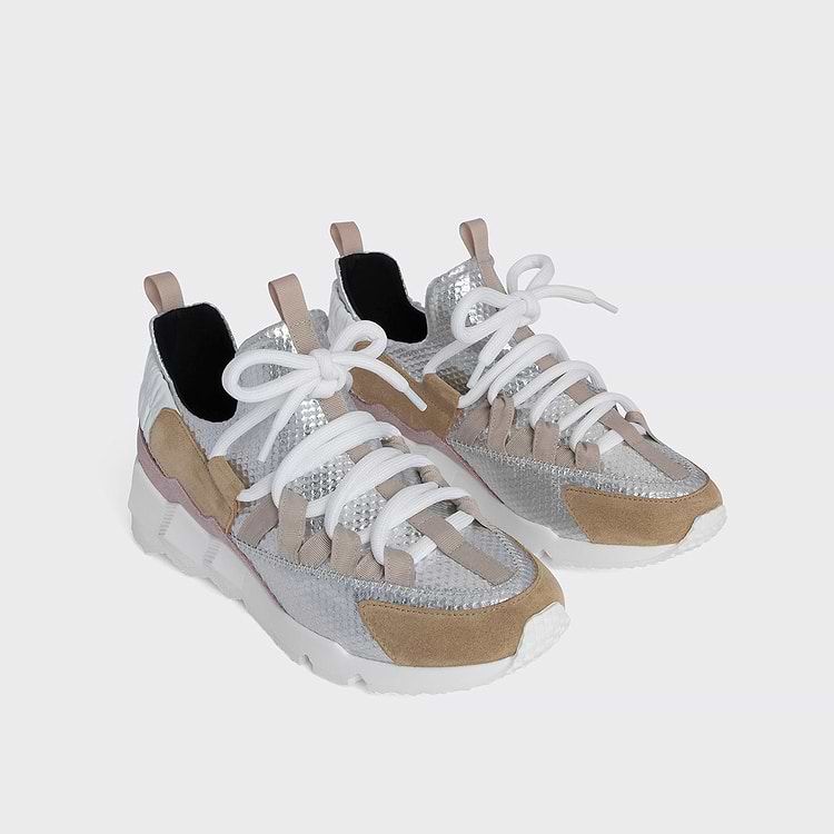 Pierre Hardy BASKETS TREK COMET Mesh Argenté Avec Empiècements En Veau Velours Rose Et Sable