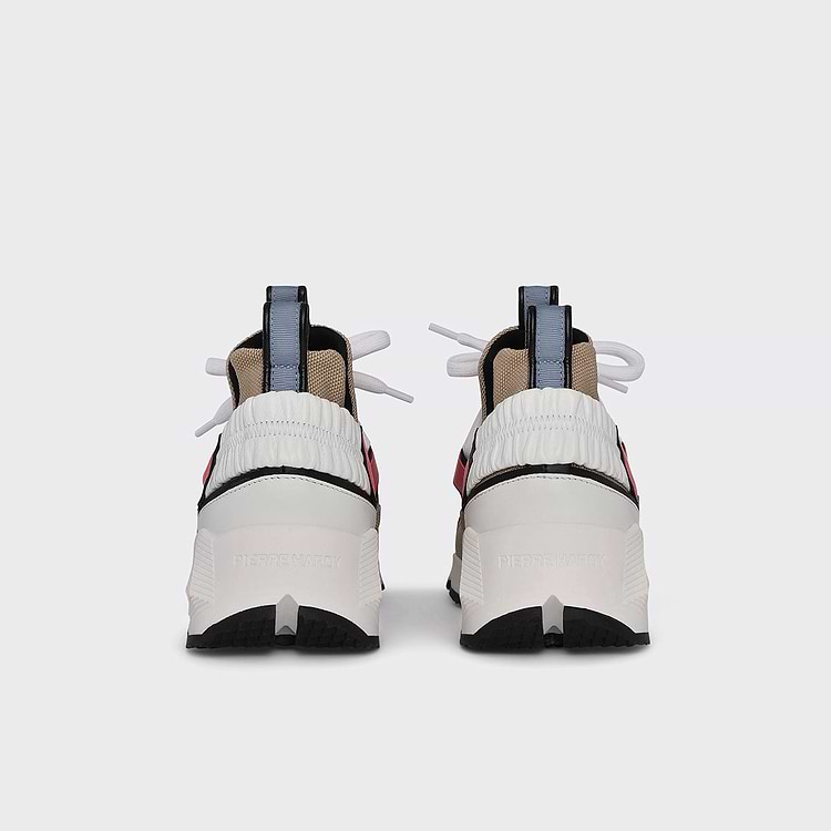 Pierre Hardy BASKETS TREK COMET Toile De Nylon Beige Cuir De Veau Blanc & Cuir De Chèvre Framboise