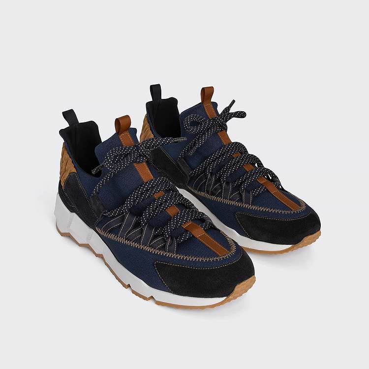 Pierre Hardy BASKETS TREK COMET Toile De Nylon Bleu Marine Et Cuir De Veau Velours Camel