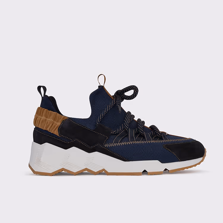 pierre hardy BASKETS TREK COMET Toile de nylon bleu marine et cuir de veau velours camel